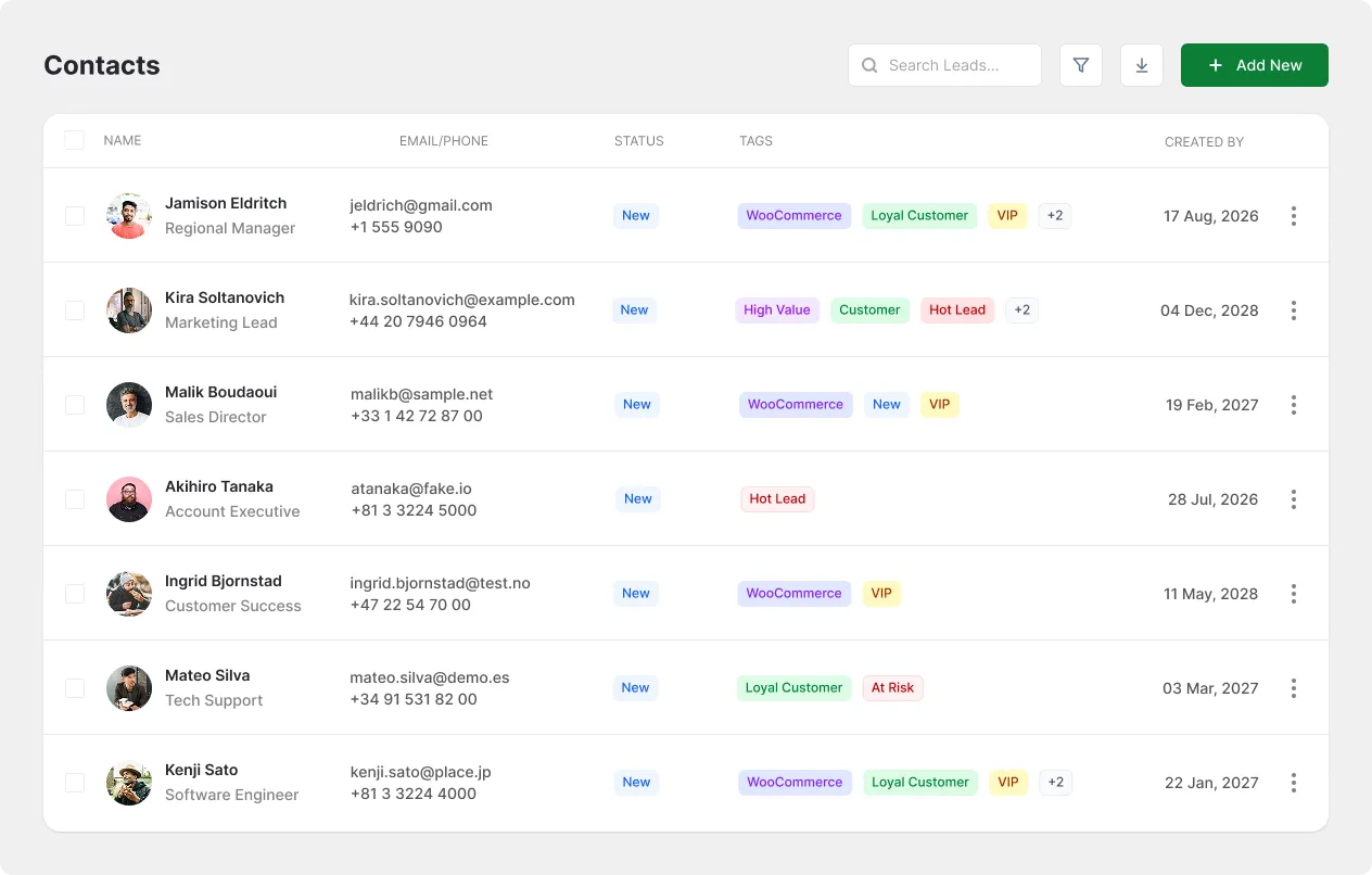 Contacts & Companies inside the FlyCRM dashboard