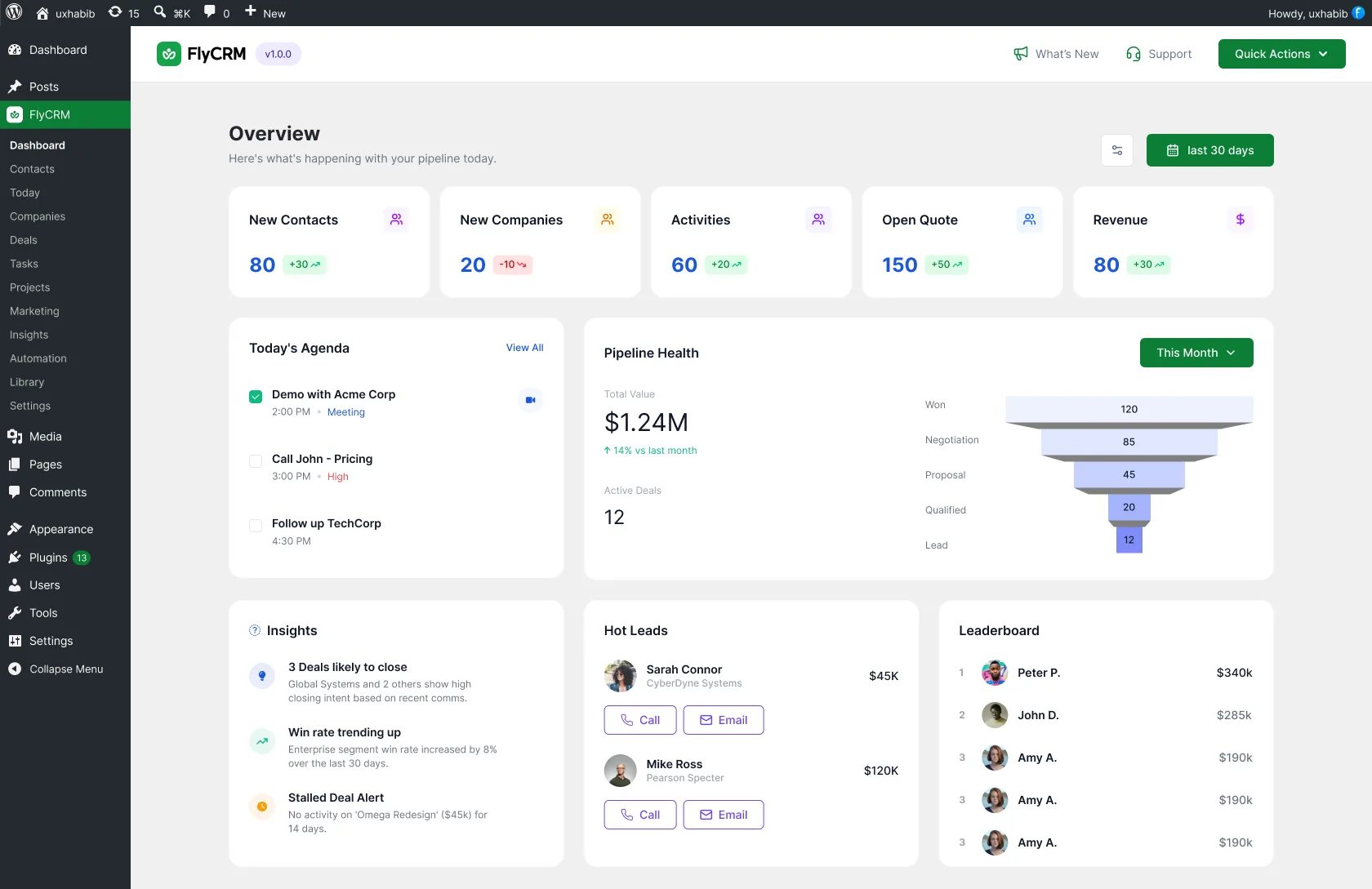 FlyCRM dashboard inside WordPress — pipelines, contacts, and deals in one place